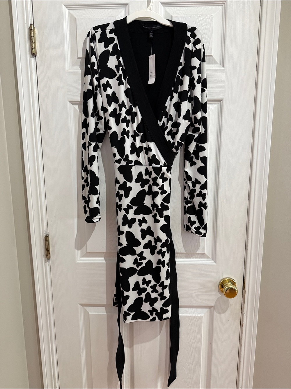 White House Black Market Black & White Butterfly-Print Wrap Dress